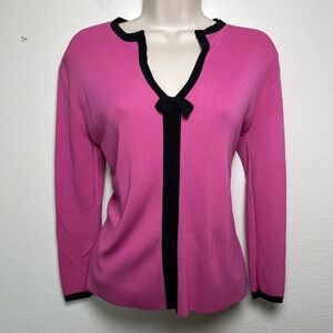 VTG 90s Finity Women Preppy Knit Top Small Pink Black Piping Office Business Bow
